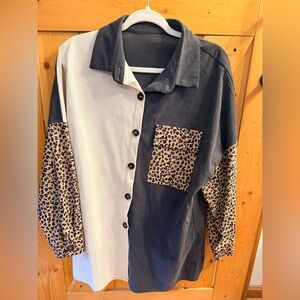 Two-Tone Button-Up Shirt with Leopard Accents - Black & Cream